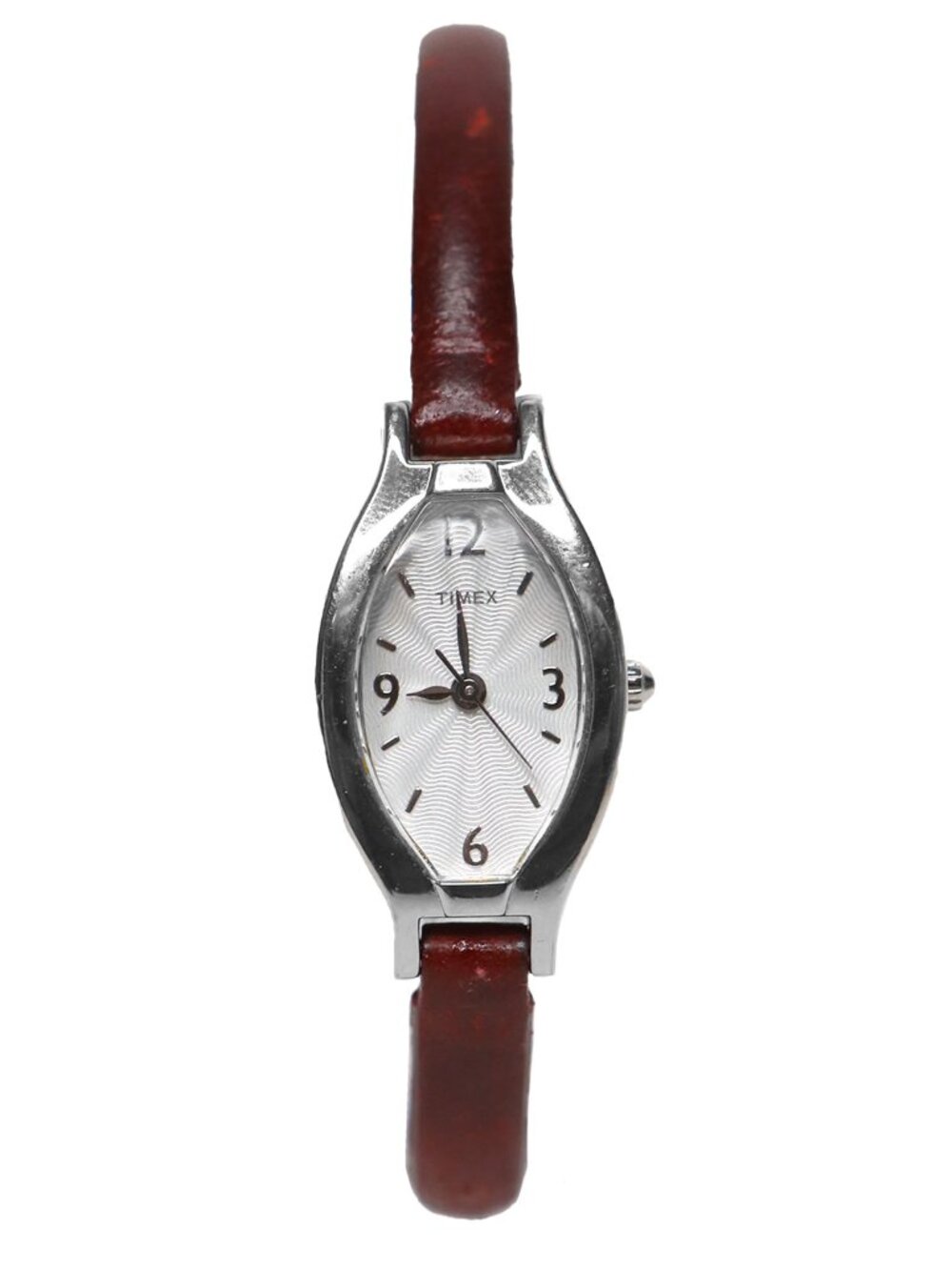 Vintage Timex Minimalist Oval Silver Watch Slim Brown Leather Strap Analog Dial